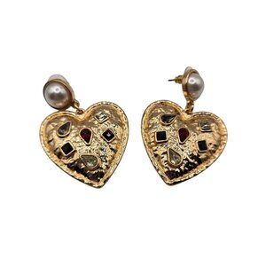 Vintage 80s Gold Tone Heart Drop Earrings Faux Pearl Gem Accents